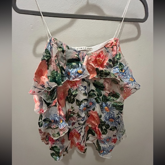 ALICE + OLIVIA Marlee Cold Shoulder Floral Ruffle Sleeve Blouse Top Silk Blend - Picture 8 of 11